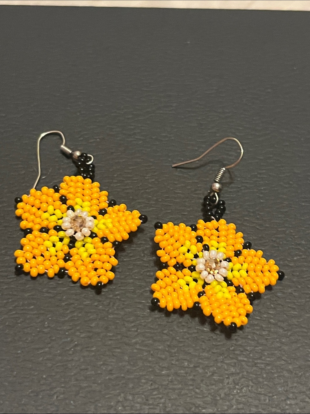 Yellow Beaded Flower Drop Earrings with Black Accents - Unbranded